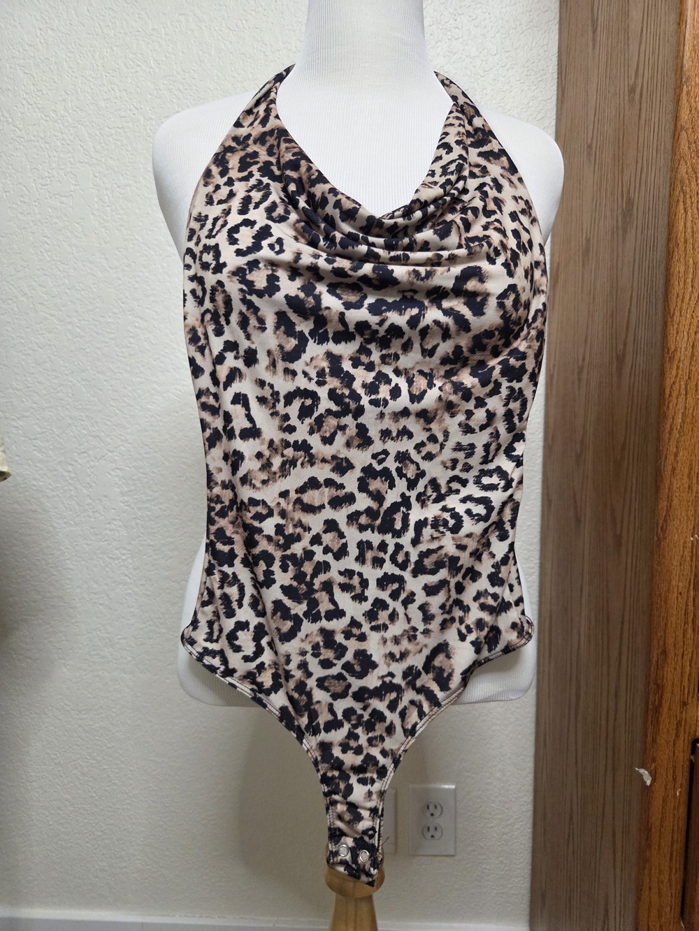 Stradivarius Leopard Print Halter Bodysuit - Beige & Black